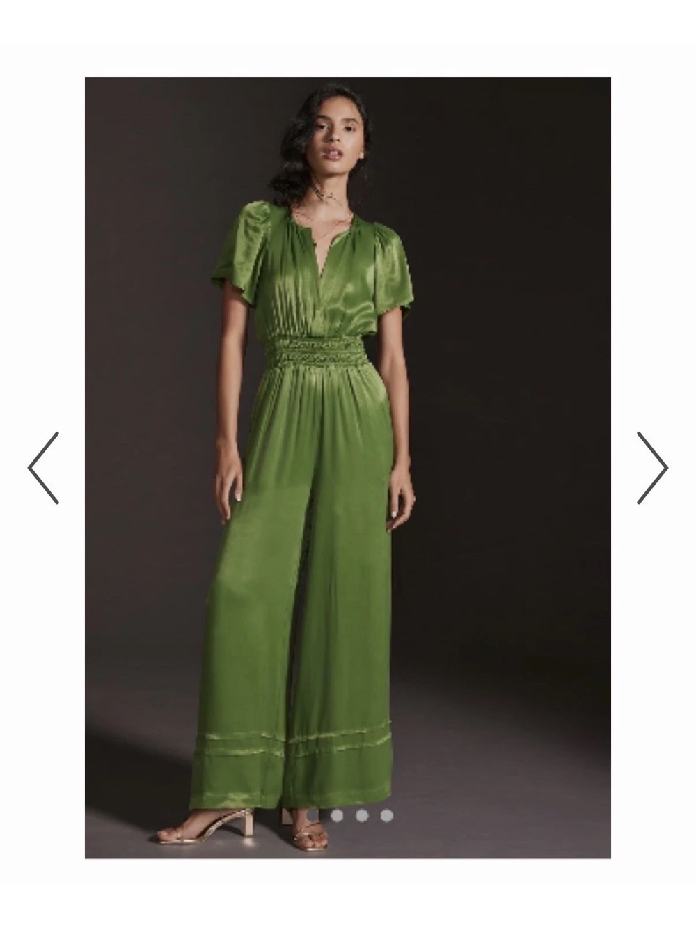 Anthropologie Olive Satin Smocked-Waist Jumpsuit